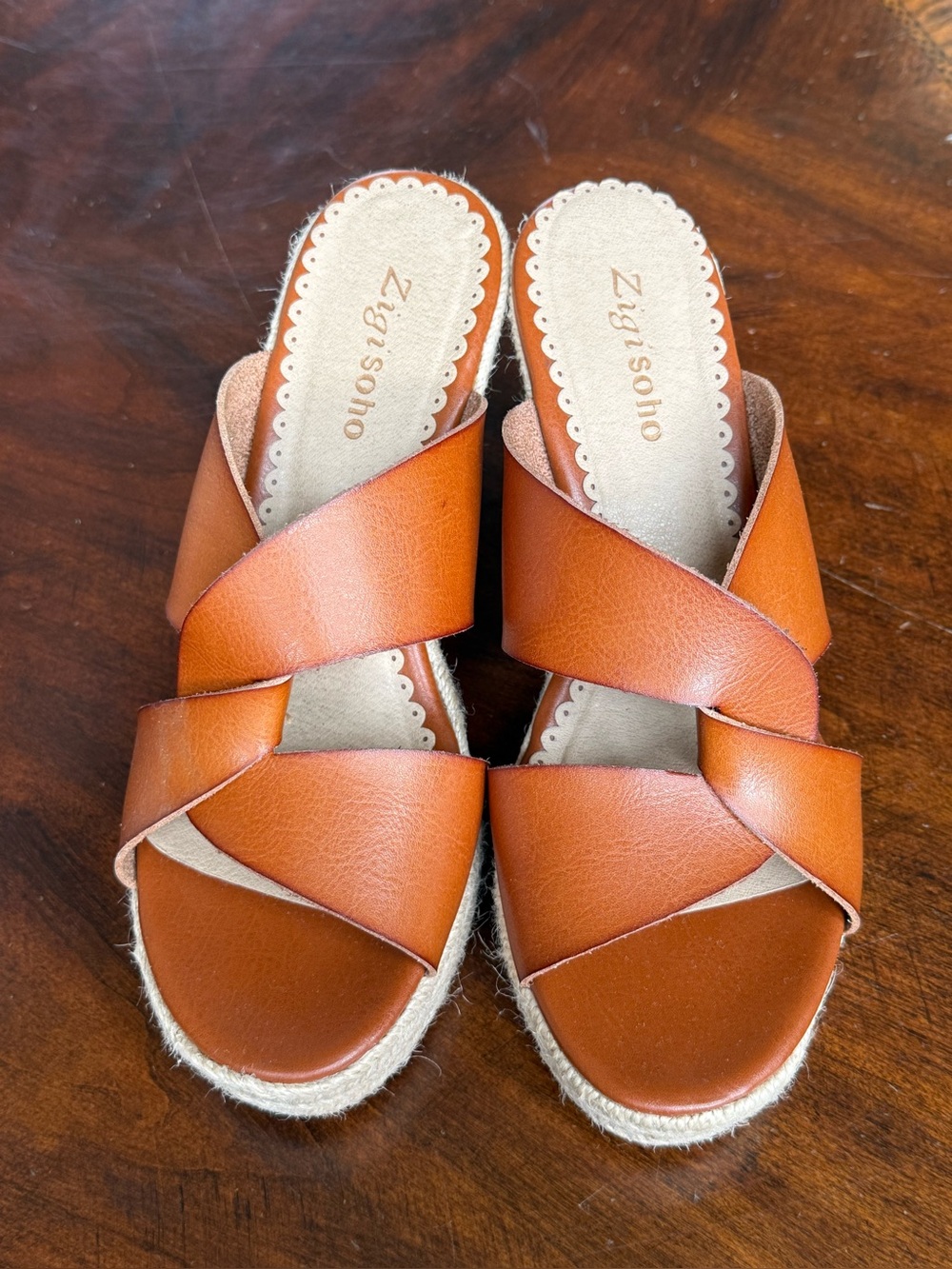 ZigiSoho wedge slip on sandals. Beautiful cognac color. Size 8